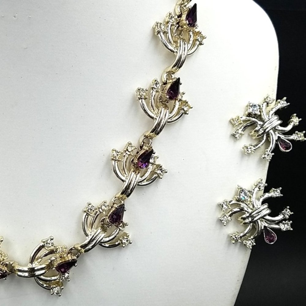 Rare Vintage Duane Purple Rhinestone Necklace Earring Set - Picture 7 of 14